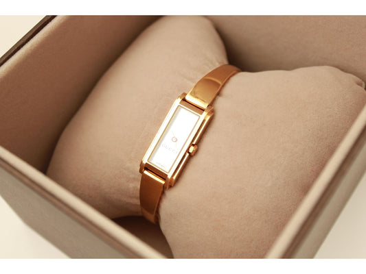 Gucci Ladies Gold Watch 1500L – Mother of Pearl Dial, Tank Face - Gems Forgotten 