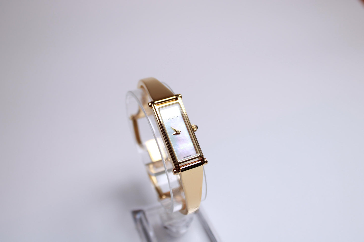 Gucci 1500L Gold-Plated Tank Watch – Mother of Pearl Dial, Swiss Made - Gems Forgotten 