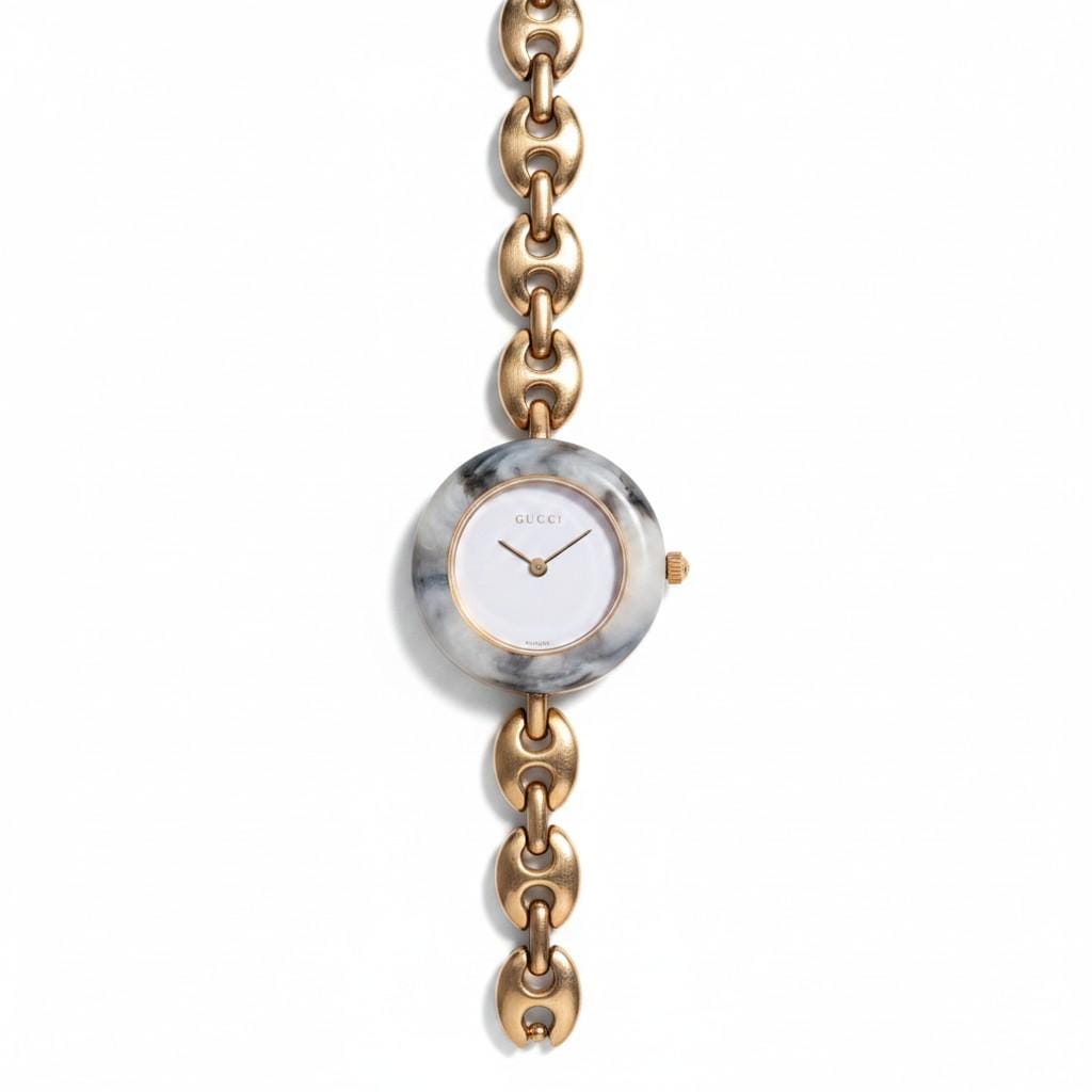 Gucci 1100 Change Bezel Watch with Silver White Marble Bezel - Gems Forgotten 