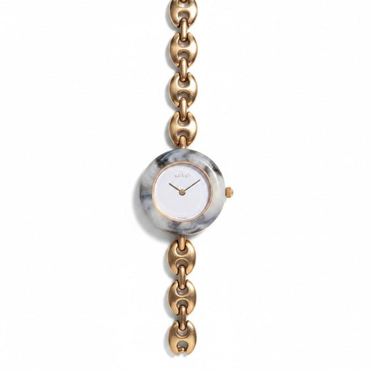 Gucci 1100 Change Bezel Watch with Silver White Marble Bezel - Gems Forgotten 
