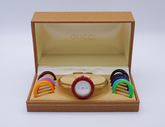 Vintage Gucci Change Bezel Watch – Gold-Plated with 10 Interchangeable Bezels & Box - Gems Forgotten 